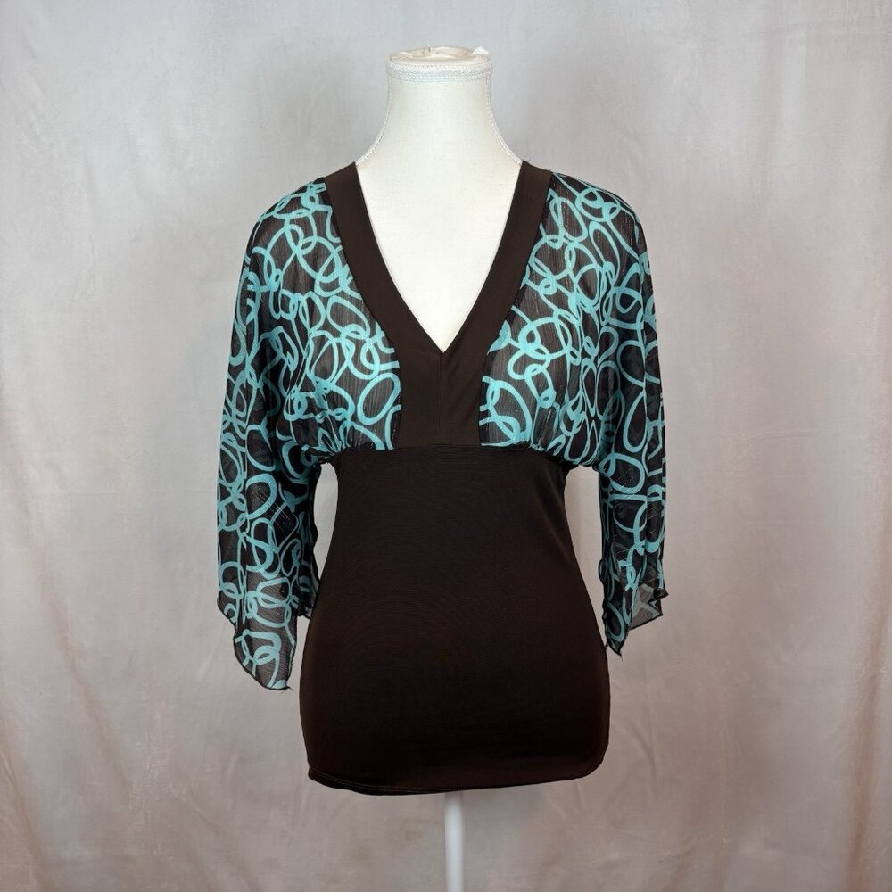 VTG Y2K Carrie Allen Women's Brown Blue Sheer BabyDoll Blouse Sz Large‎ Metallic